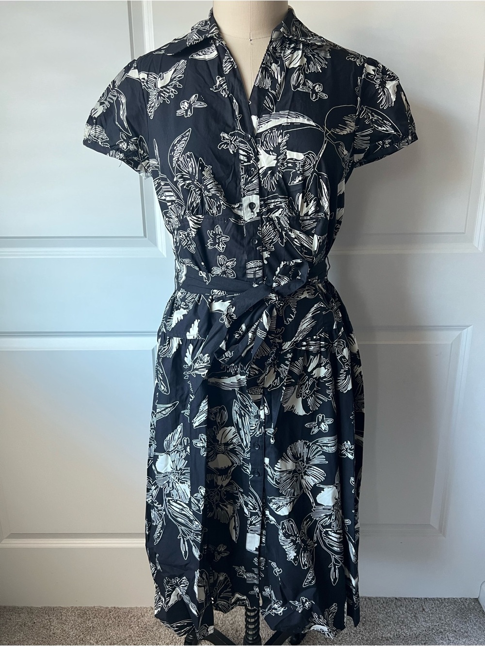 Merona Black and White Floral Midi Shirt Dress with Tie Waist